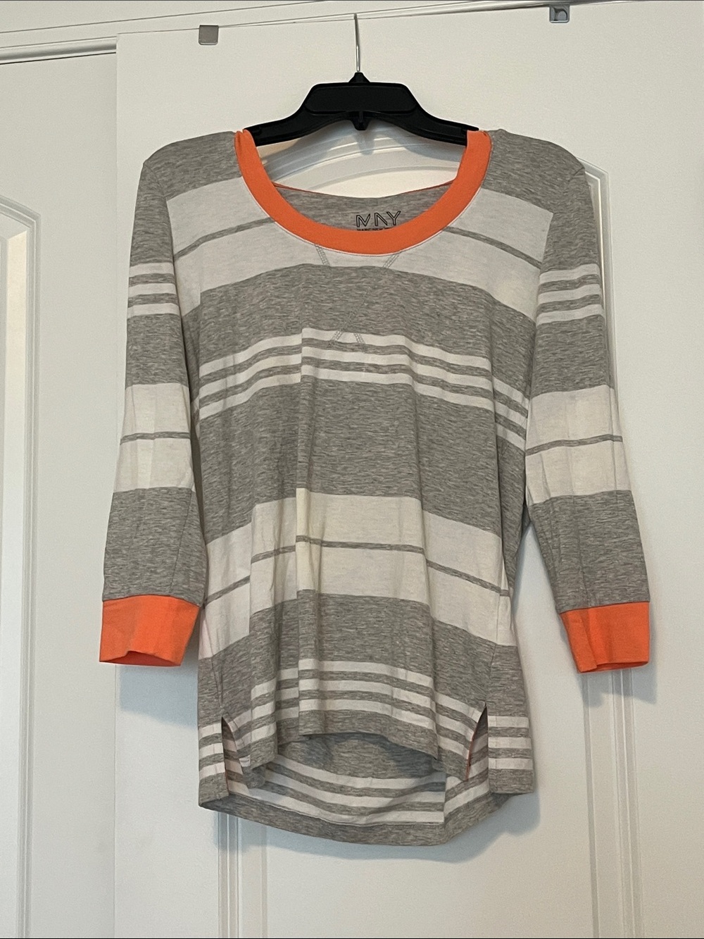 Marc New York Gray & White Striped Knit Top with Coral Trim